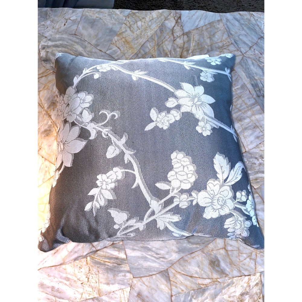 Grey White Floral Jacquard Square Decorative Throw Pillow 18x18 Accent